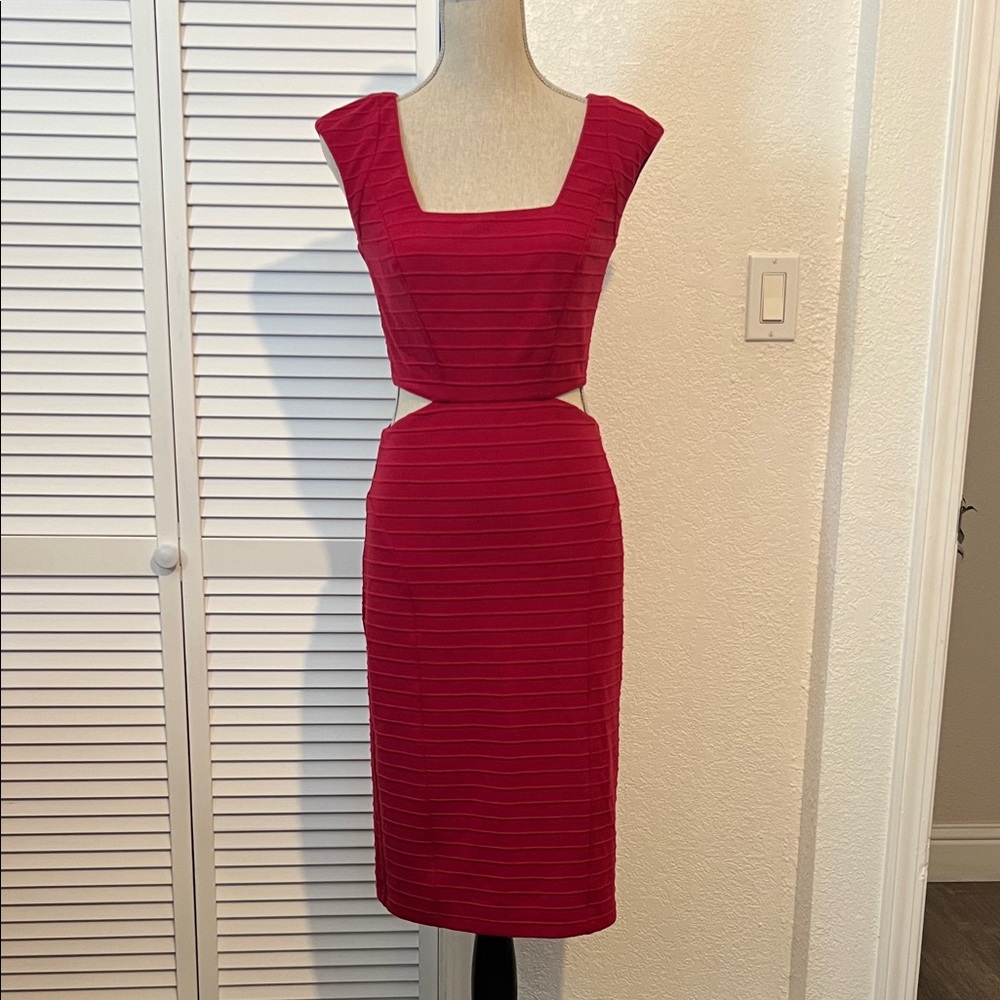 bebe Fitted Midi Dress with Square Neck and Side Cutouts in Berry